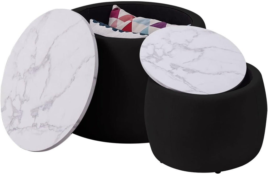 Round Coffee Table Set of 2 Nesting Storage Ottoman for Living Room, Modern Circle Ottoman Drum Side Table End Table, Velvet Fabric T38852