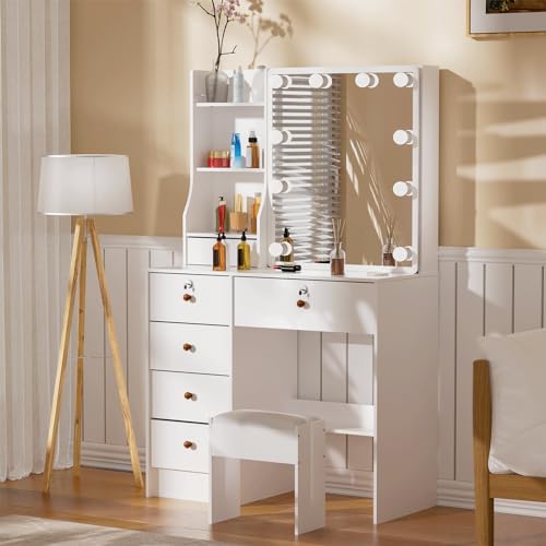 Vanity Desk with Mirror and Lights, Large Drawers, Cushioned Stool P25988