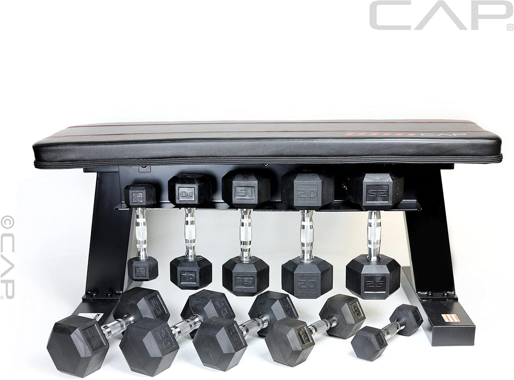 Flat Bench with Dumbbell Storage and 150 lb Hex Dumbbell Set E6781