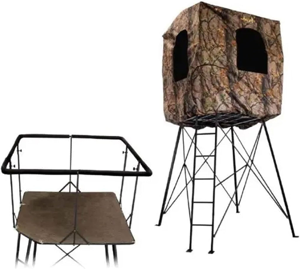 12' Quad Pod - Durable Steel 500 Pound Capacity Hunting Outdoor Platform with 360-degree Padded 36" H Shooting Rail & Carpeted Floor Pad, Camouflage Blind Included