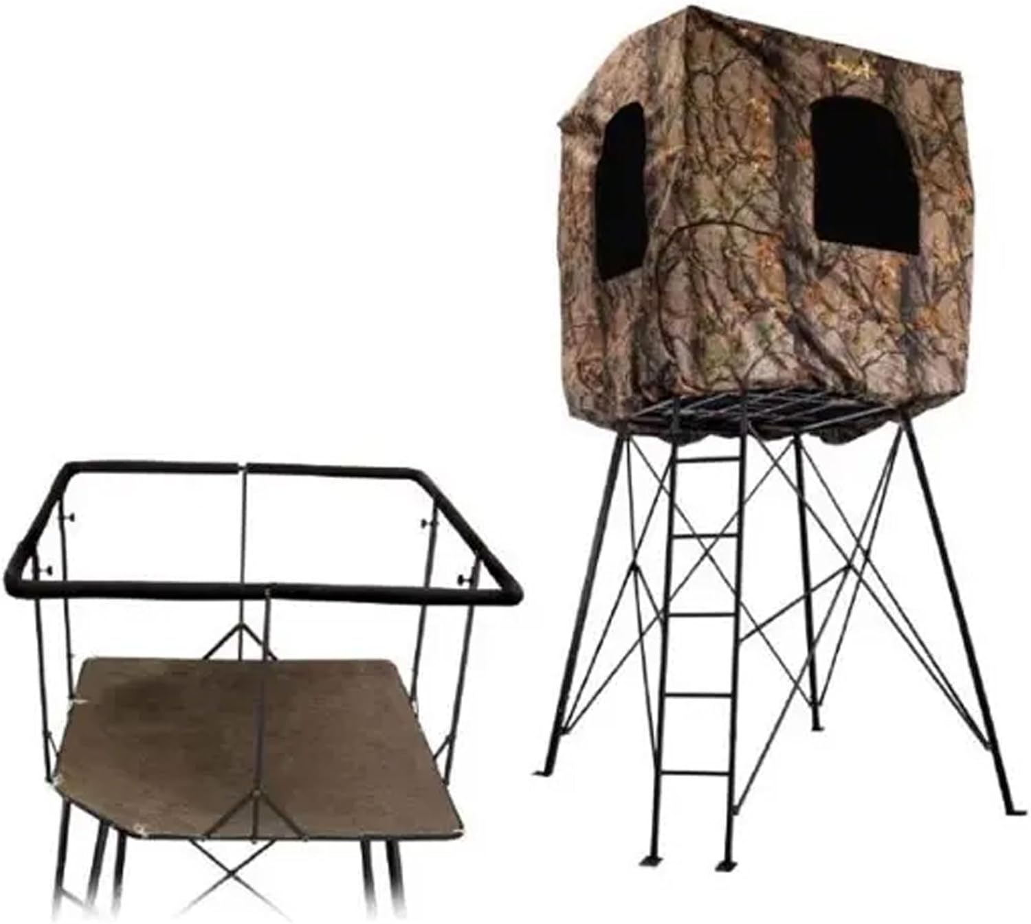 12' Quad Pod - Durable Steel 500 Pound Capacity Hunting Outdoor Platform with 360-degree Padded 36" H Shooting Rail & Carpeted Floor Pad, Camouflage Blind Included