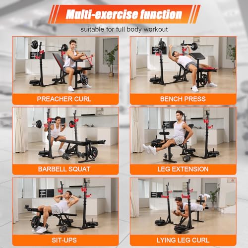 Adjustable Weight Bench with Squat Rack, Leg Extension and Preacher Curl Pad for Home Gym E89871