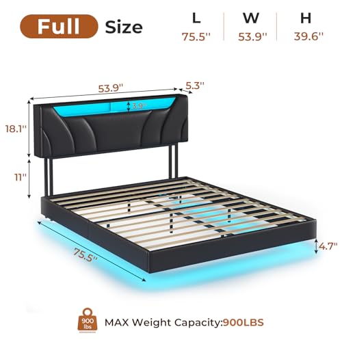 Full Size Floating Bed Frame with LED Lights and Storage Headboard U10902