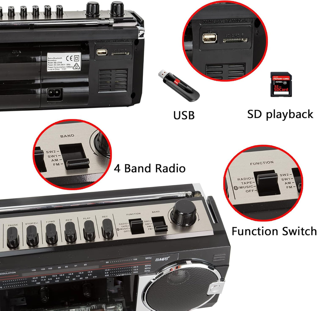 Retro Bluetooth Boombox with AM/FM Radio, Cassette to USB Converter, Black H746066