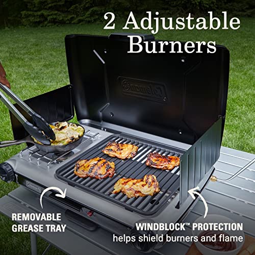Tabletop 2-in-1 Grill & Stove with 2 Adjustable Burners, Propane, Push-Button Starter, Wind Guards, Grease Tray, 20,000 BTUs for Camping & Tailgating A359021