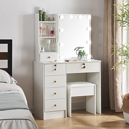 Vanity Desk with Mirror and Lights, Large Drawers, Cushioned Stool P25988