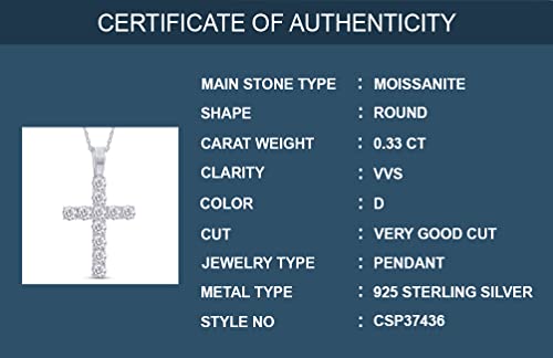 1/3 Carat Round Cut Moissanite Cross Tennis Pendant Necklace 14k Gold Over Silver with 18" Chain I396
