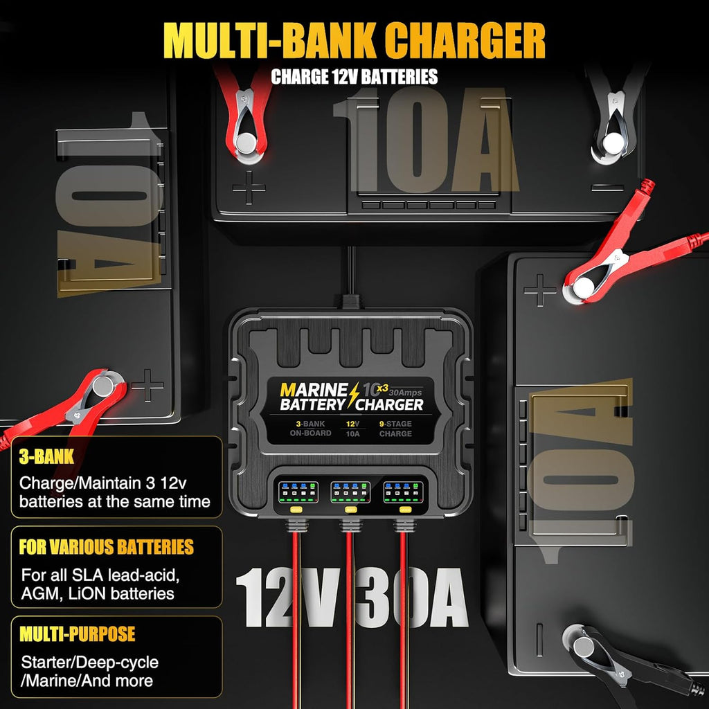 12V 30A 3-Bank Marine Battery Charger, Waterproof Onboard R9536