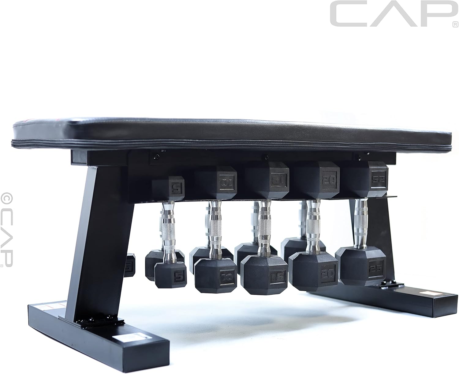 Flat Bench with Dumbbell Storage and 150 lb Hex Dumbbell Set E6781