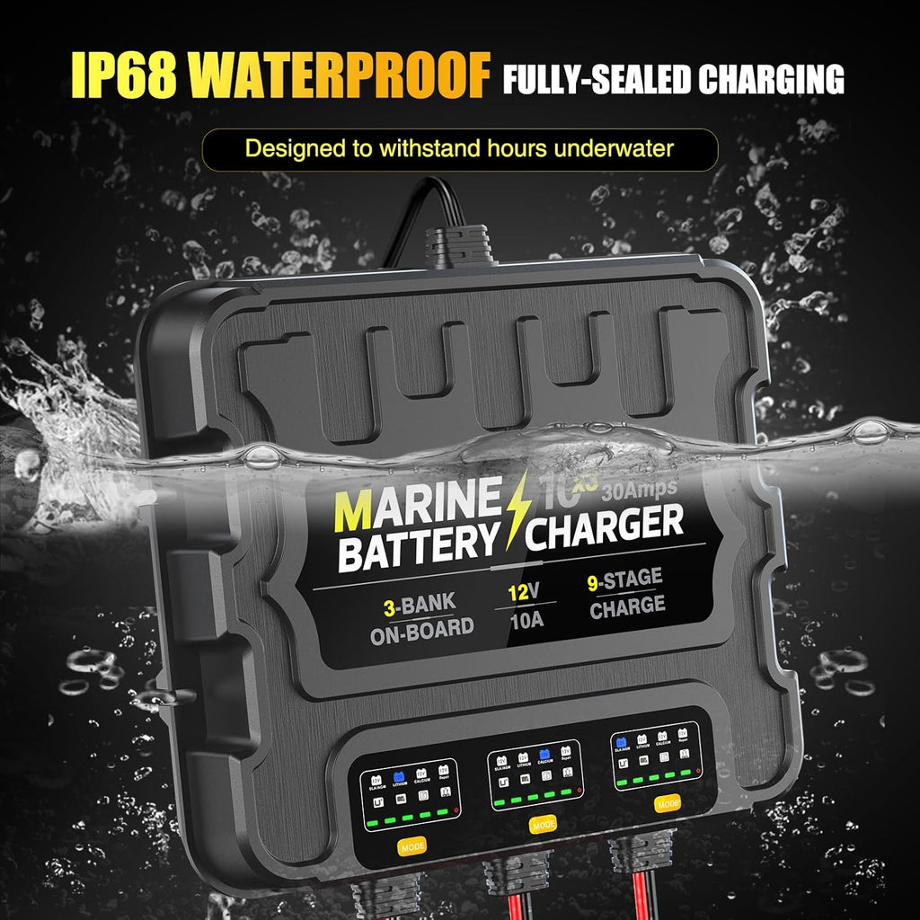 12V 30A 3-Bank Marine Battery Charger, Waterproof Onboard R9536