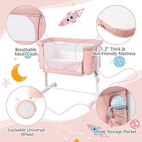 3 in 1 Folding Bassinet Bedside Sleeper with Adjustable Height, Mattress, Wheels, Storage & Carry Bag (Pink) D6125
