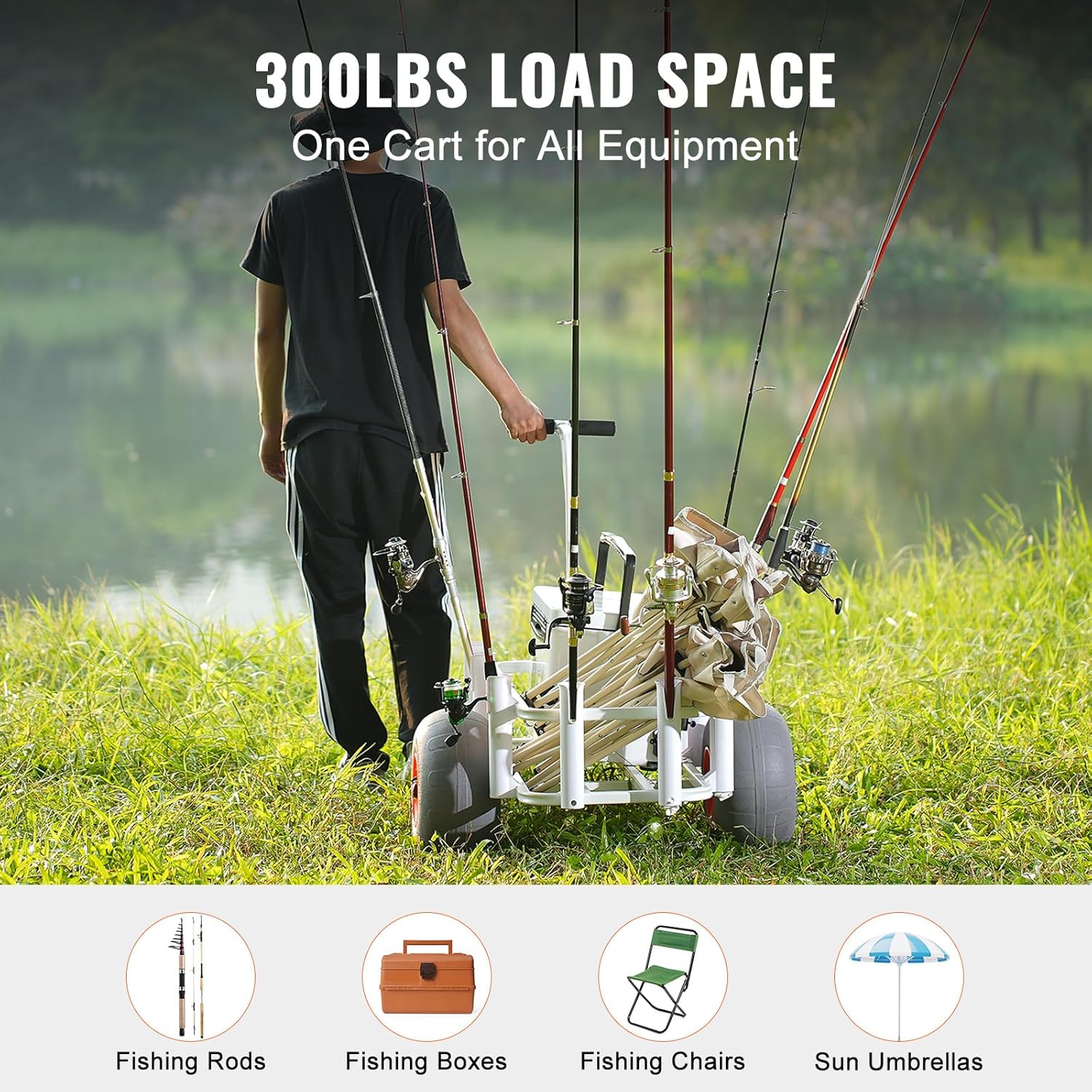 Beach Fishing Cart with 300 lbs Capacity, Two 13" PU Balloon Wheels, 8 Rod Holders M20351
