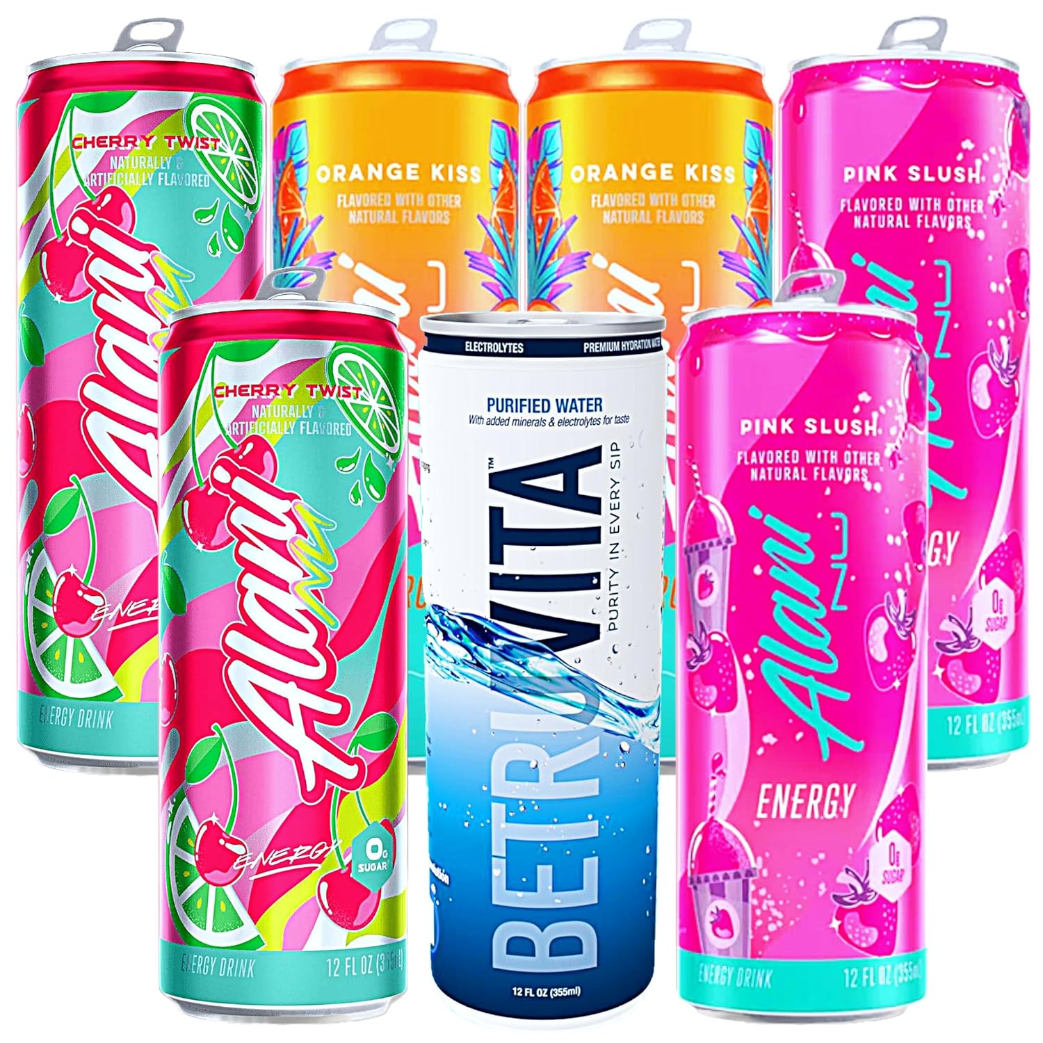 Alani Energy Drink Slush | Pink Slush, Cherry Twist, and Orange Kiss | Pre Workout Energy Drinks | Gluten Free, Vegan, Vitamins B6 and B12, Biotin | 12 Fl oz Cans | Variety Pack of 6 | Plus one Can of Water to Help you stay Hydrated - Limited Edition
