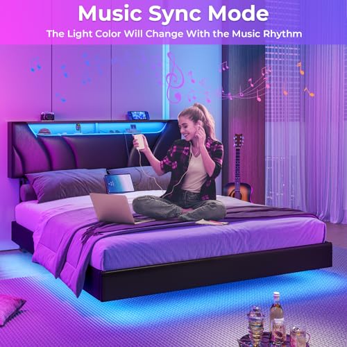 Full Size Floating Bed Frame with LED Lights and Storage Headboard U10902