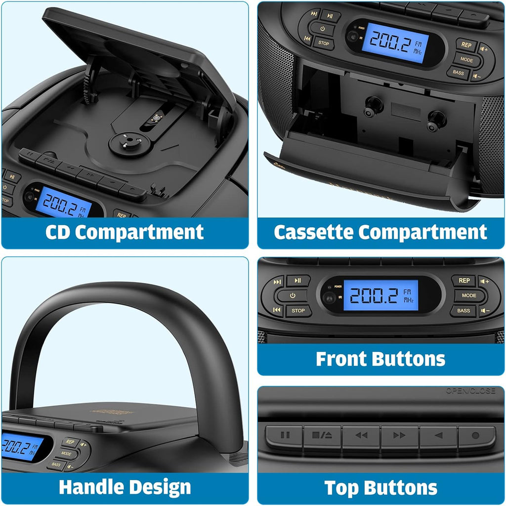 CD Cassette Player Boombox with Bluetooth, FM Radio, Aux and USB Drive B3574