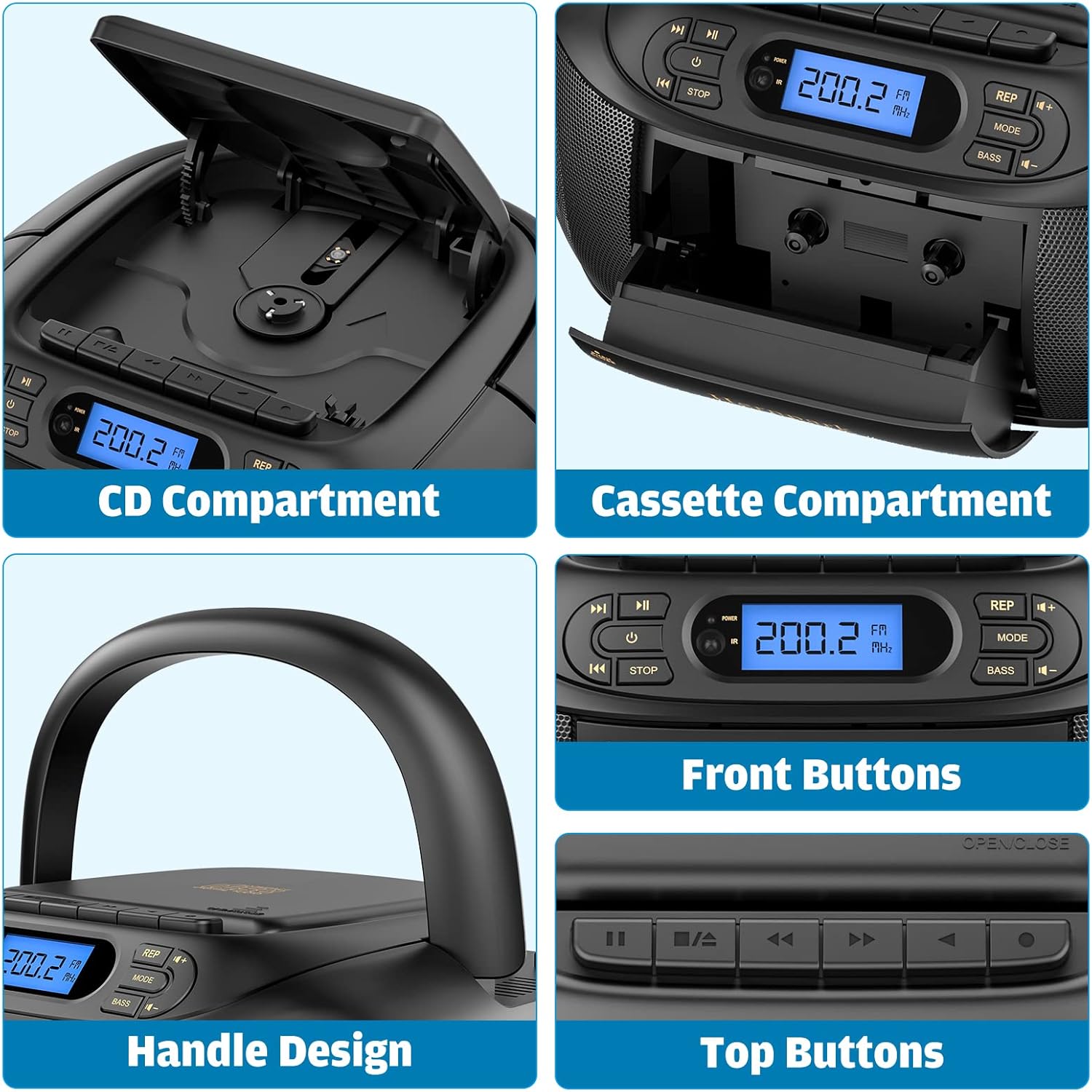 CD Cassette Player Boombox with Bluetooth, FM Radio, Aux and USB Drive B3574
