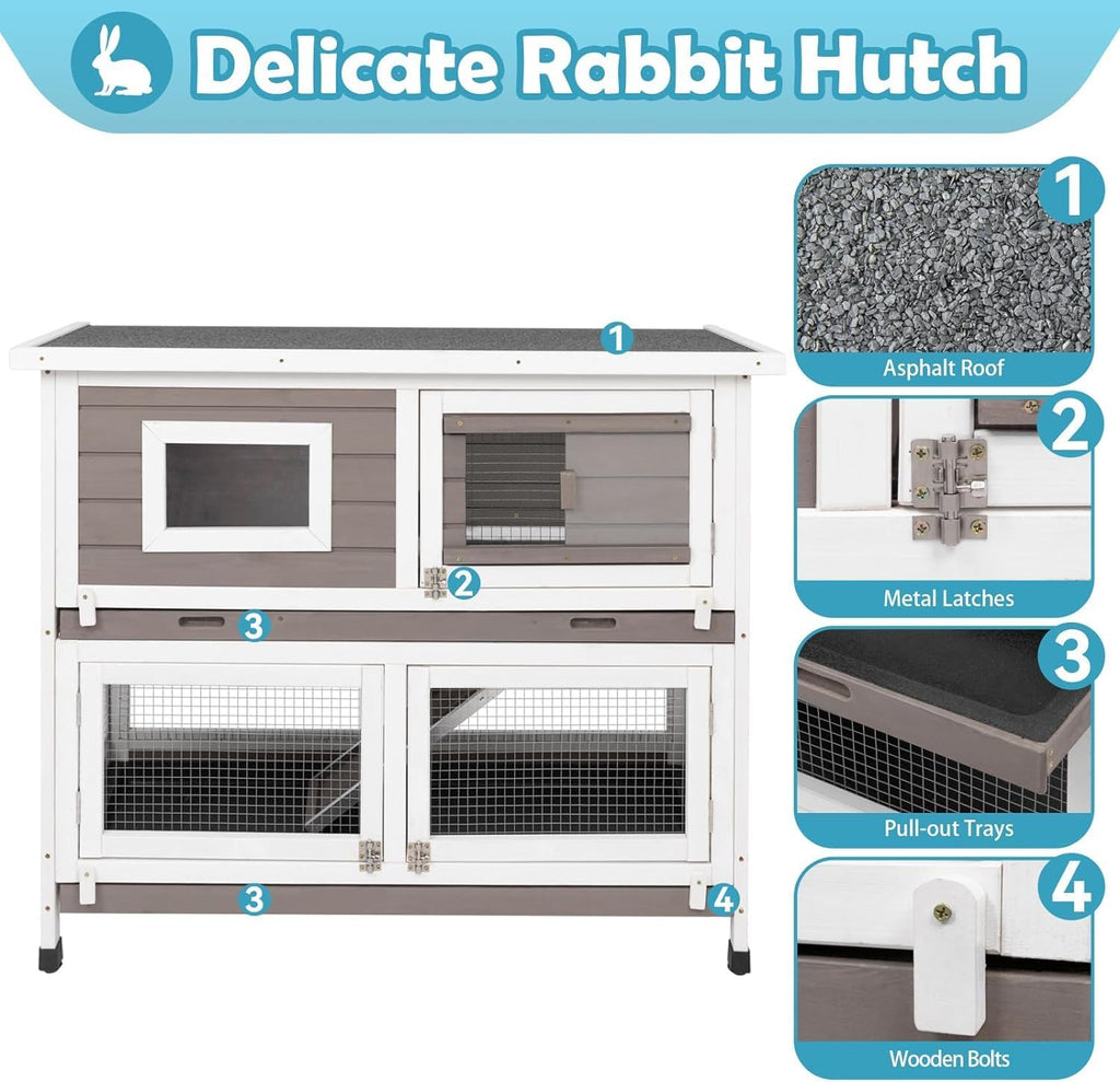 Rabbit Hutch Indoor Outdoor Bunny Cage on Wheels Two Story Weatherproof with 2 No Leak Trays E4948