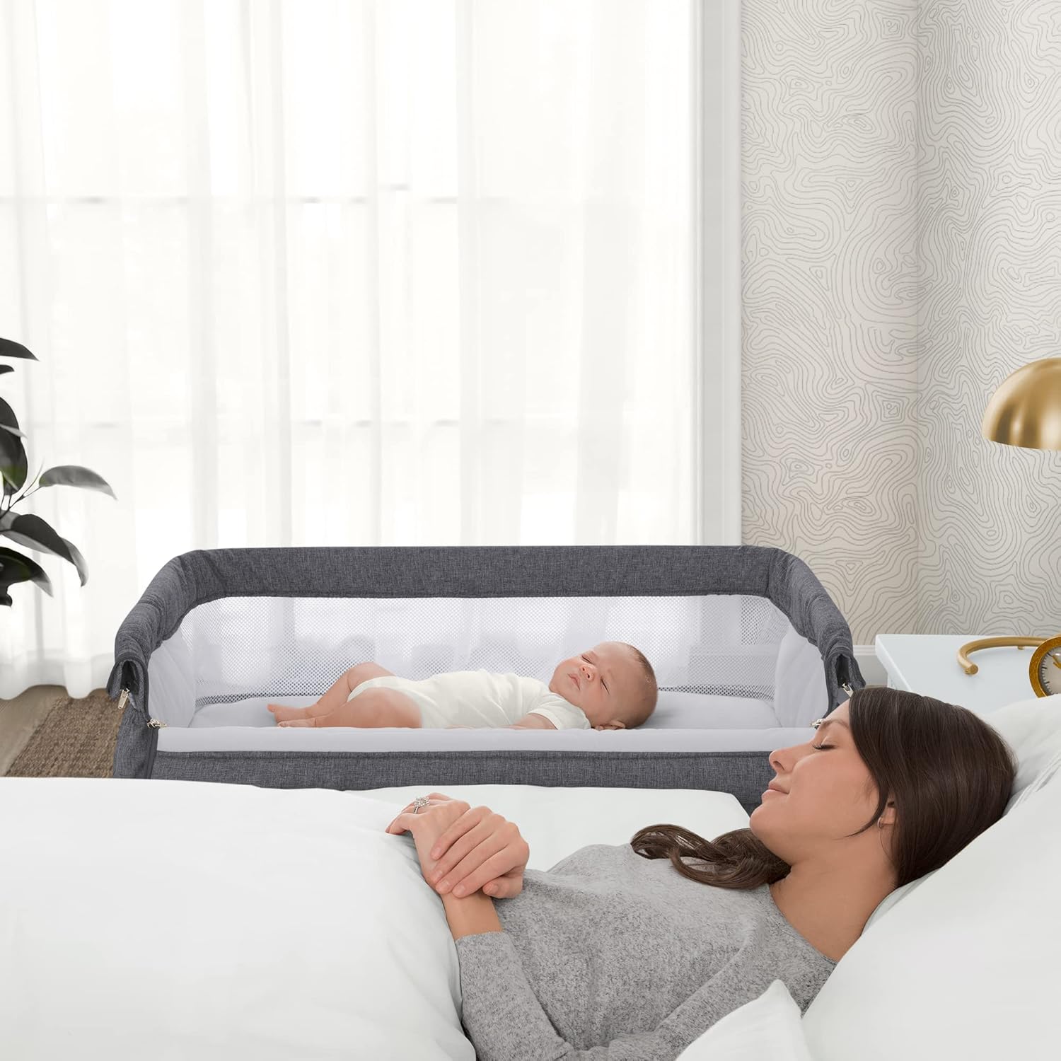 Simmons Kids Dream Bedside Bassinet with Zip-Down Side Wall, Breathable Mesh, Adjustable Heights, Lightweight Portable Crib, Grey C438517