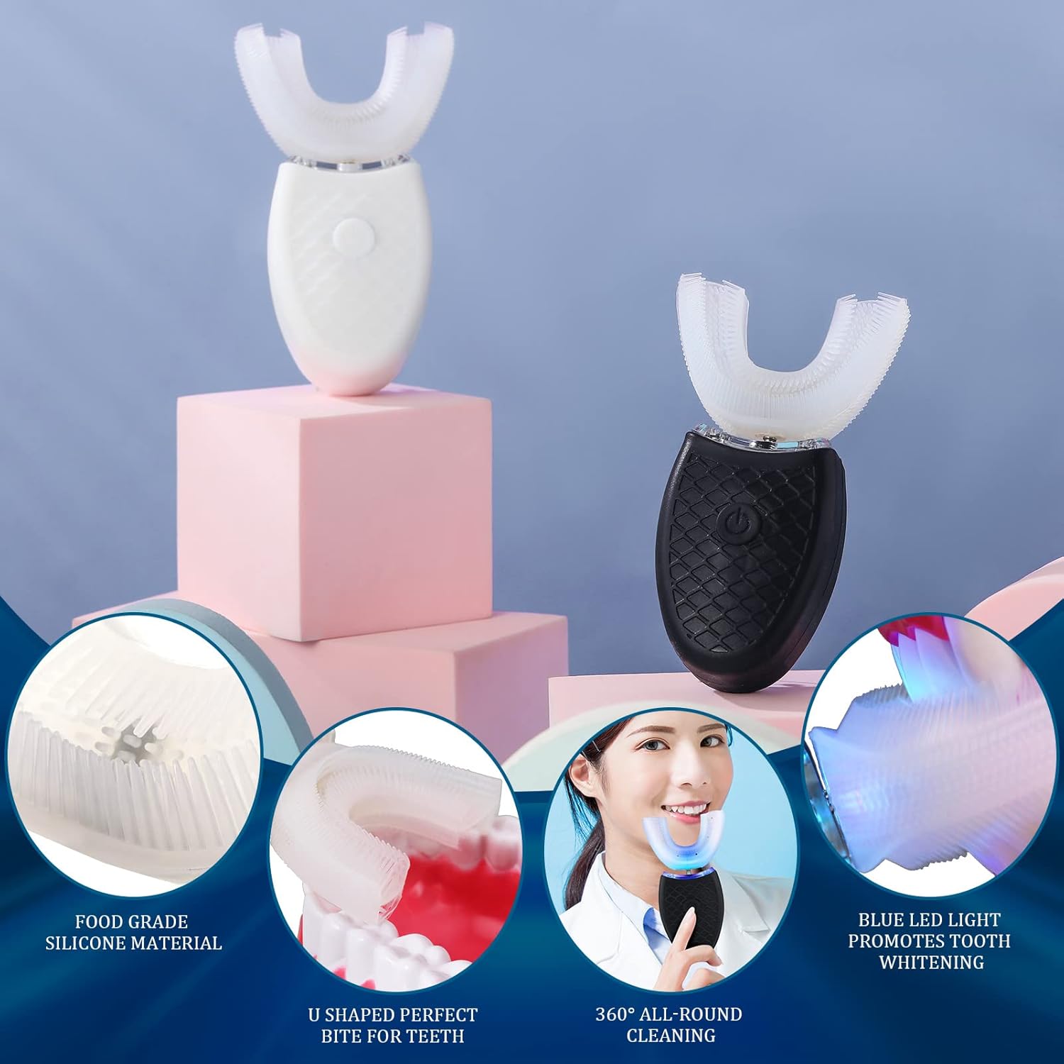 U Shaped Ultrasonic Electric Toothbrush for Adults, 3 Brush Heads, IPX7 Waterproof T803561