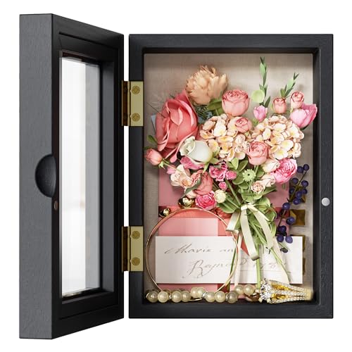 SZQINJI Shadow Box Frame 11x11 Memory Box Shadow Box Display Case with Linen Back Glass Door Memorabilia Awards Medals Photos Wood Rustic Black