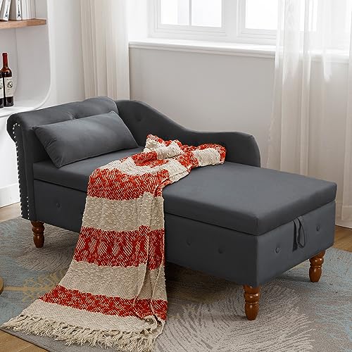 Chaise Lounge Indoor,Velvet Lounge Chair for Bedroom with Storage & Pillow,Modern Upholstered Rolled Arm Chase Lounge for Sleeping with Nailhead Trim for Living Room Bedroom Office (Black)