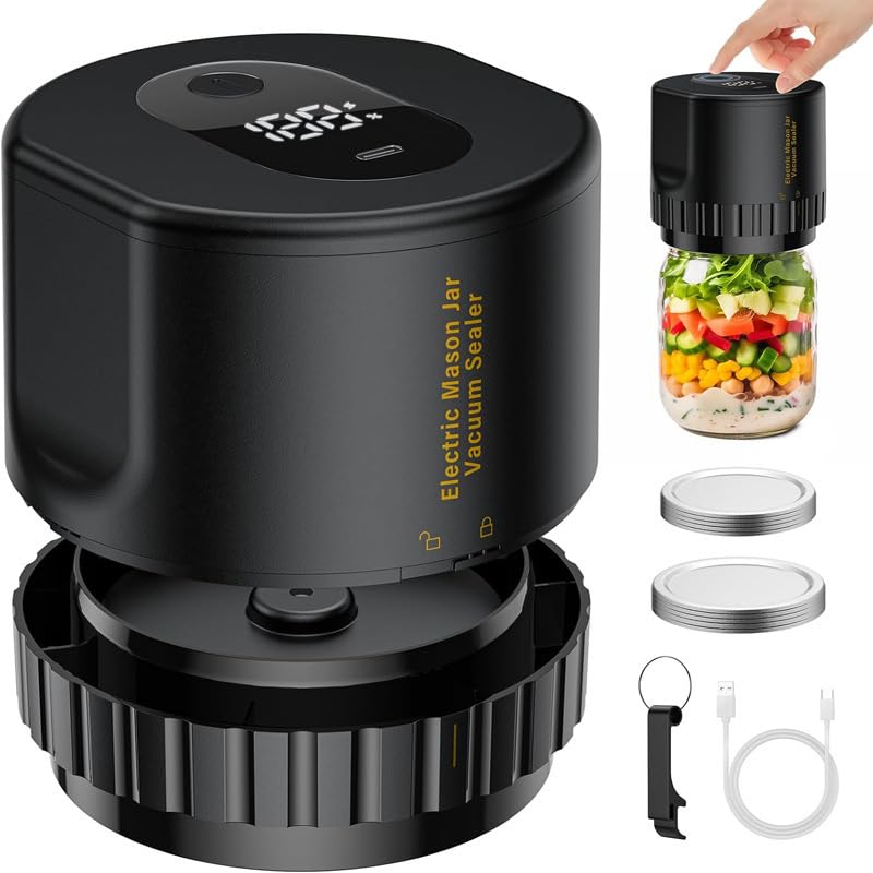 Electric Mason Jar Vacuum Sealer, Jar Sealer with Wide Regular Mouth lids,Canning Vacuum Sealer Mason Jar for Food Storage (Black)