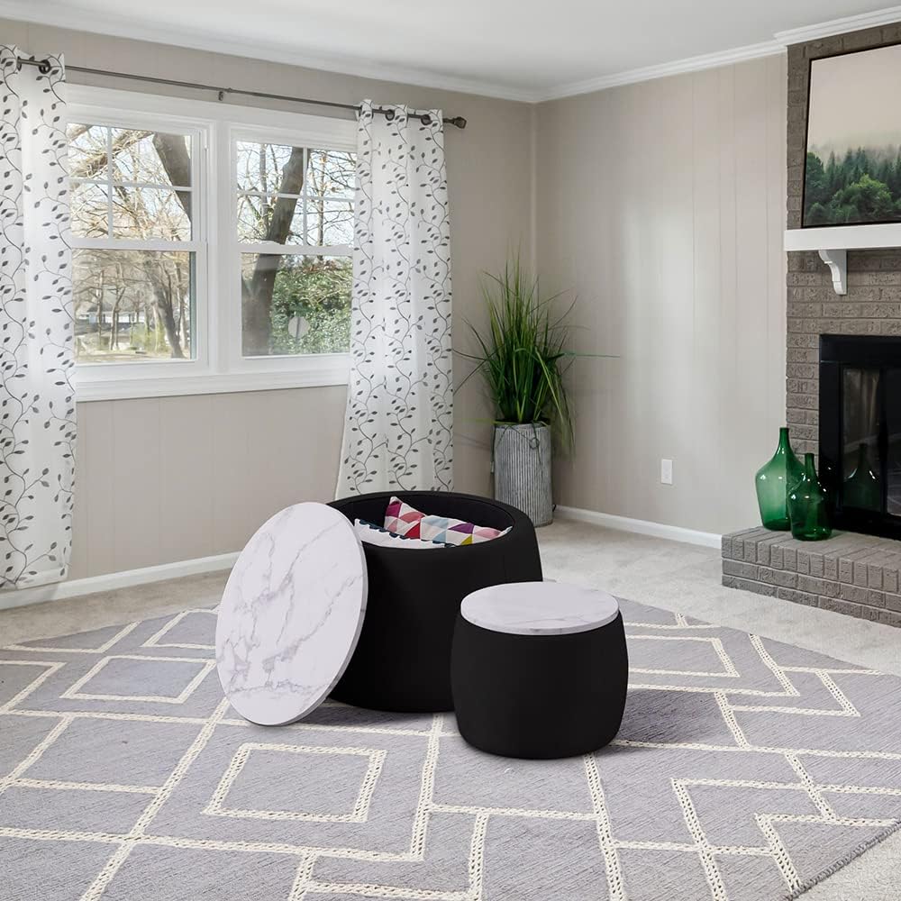 Round Coffee Table Set of 2 Nesting Storage Ottoman for Living Room, Modern Circle Ottoman Drum Side Table End Table, Velvet Fabric T38852