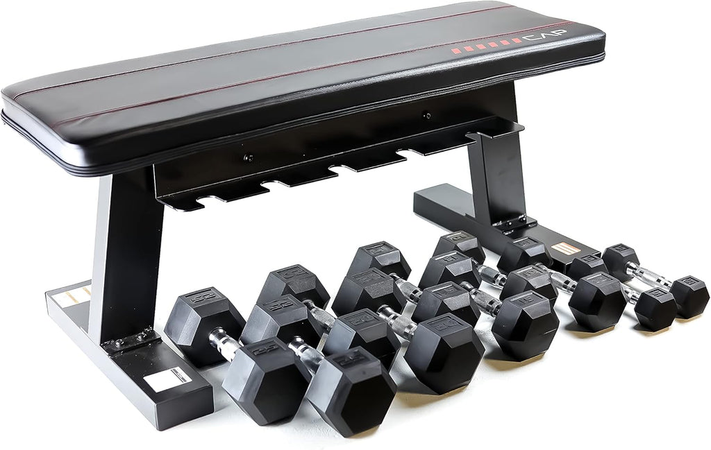 CAP Barbell Flat Bench with Dumbbell Storage and 150 lb Hex Coated Dumbbell Set