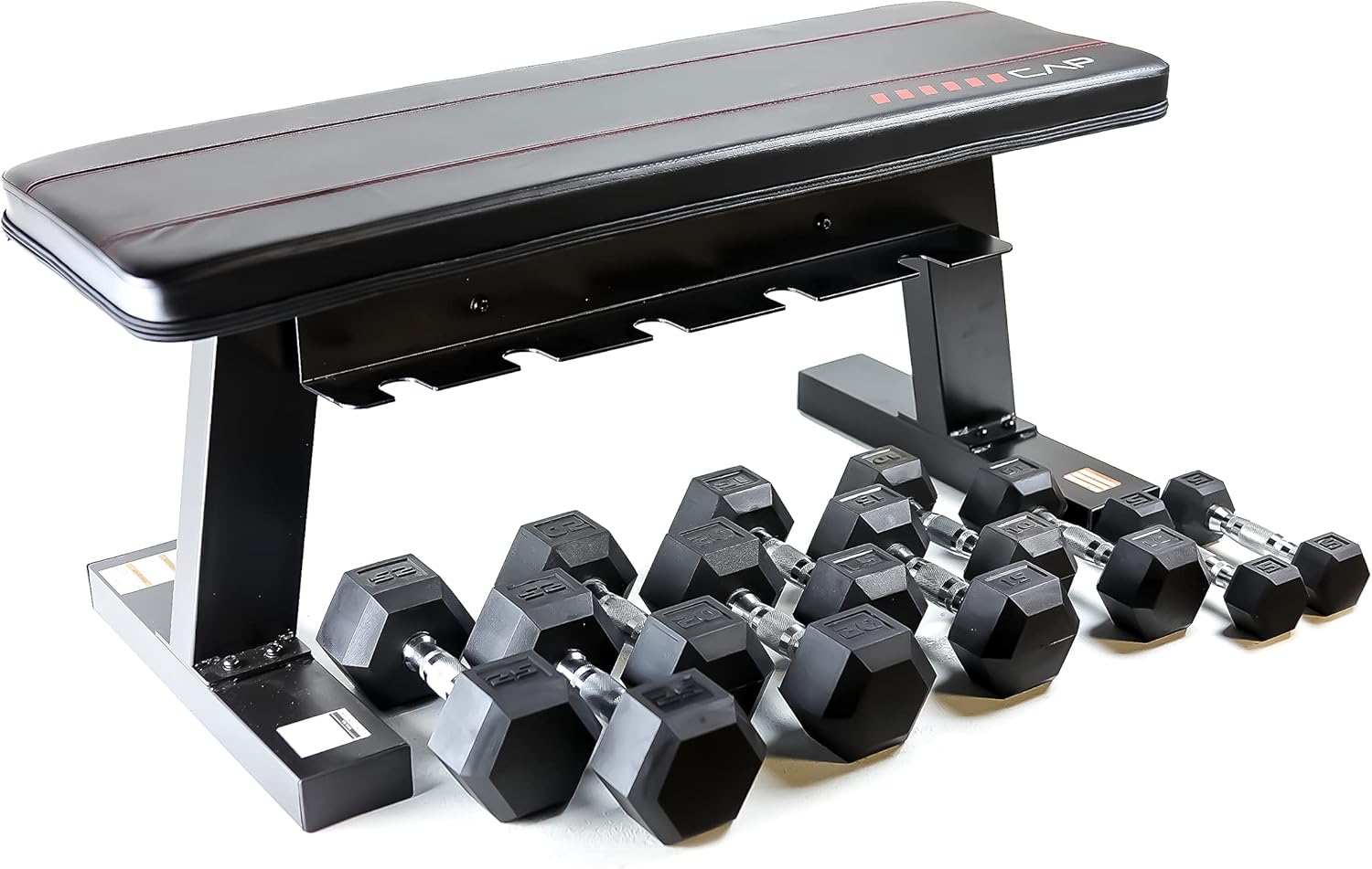 CAP Barbell Flat Bench with Dumbbell Storage and 150 lb Hex Coated Dumbbell Set