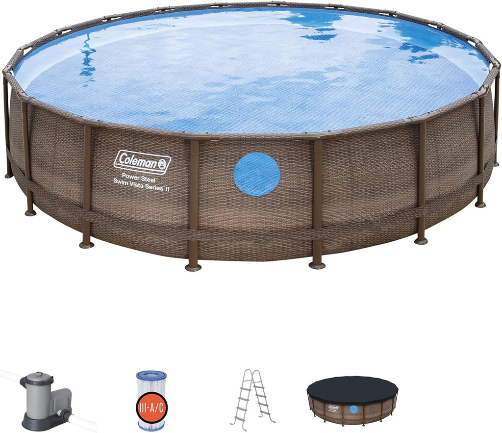 Coleman Round Durable Power Steel Frame Swim Vista Series II 18' x 48" Above Ground Outdoor Swimming Pool Set with Filter Pump and Ladder, Brown
