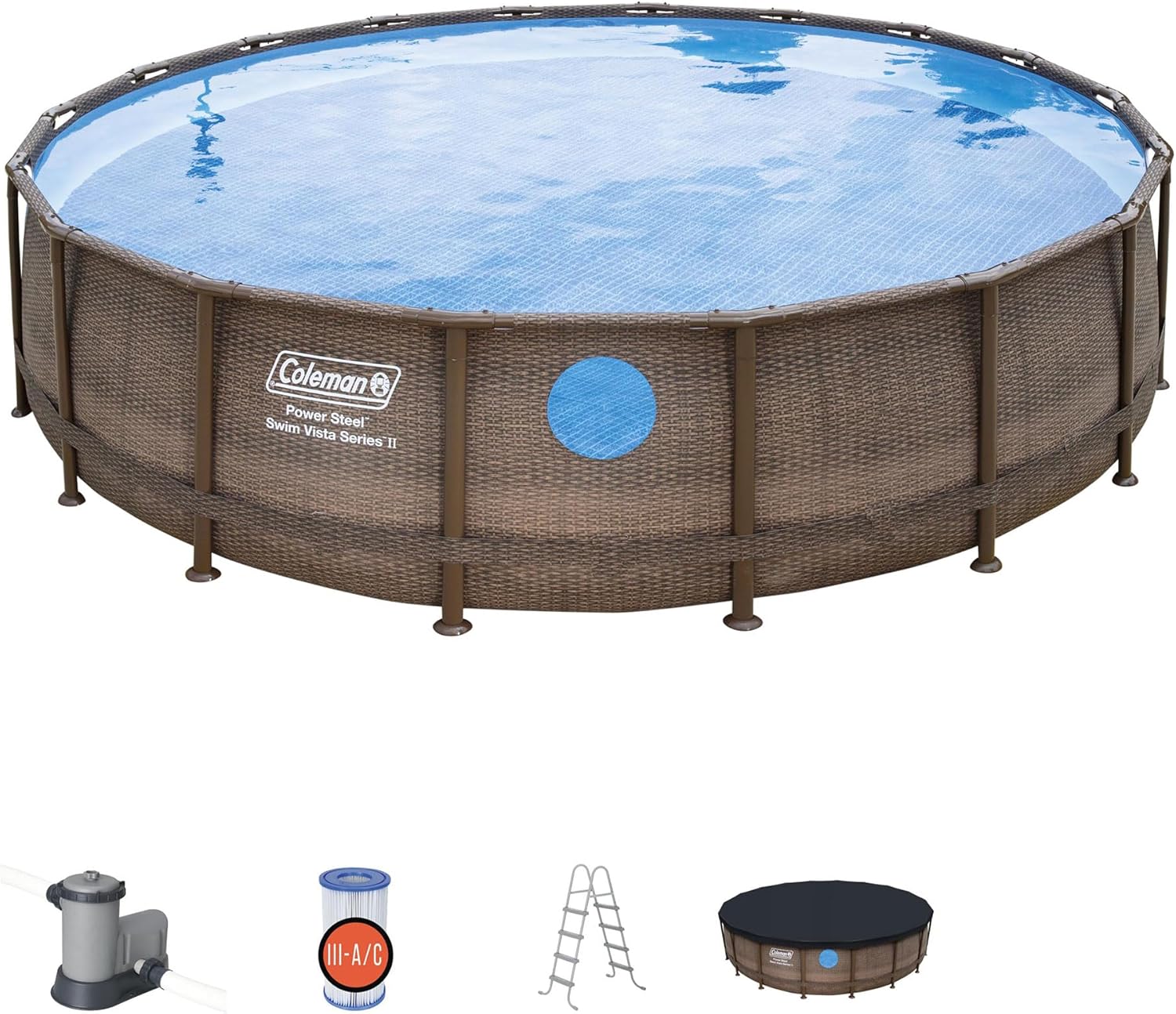 Coleman Round Durable Power Steel Frame Swim Vista Series II 18' x 48" Above Ground Outdoor Swimming Pool Set with Filter Pump and Ladder, Brown