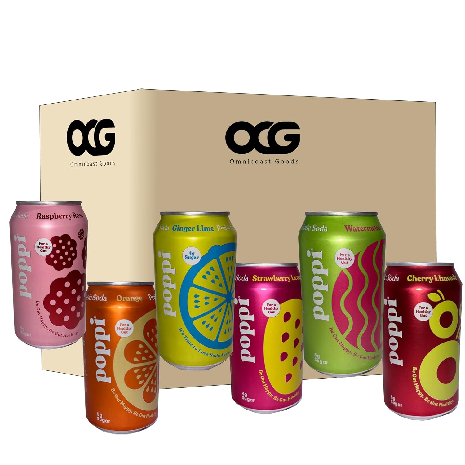 Poppi Prebiotic Soda Variety Pack 12 fl oz, (8-Pack), Low Calorie & Low Sugar Drinks, Raspberry Rose, Watermelon, Cherry Limeade, Strawberry lemonade, Orange, Ginger Lime by OCG