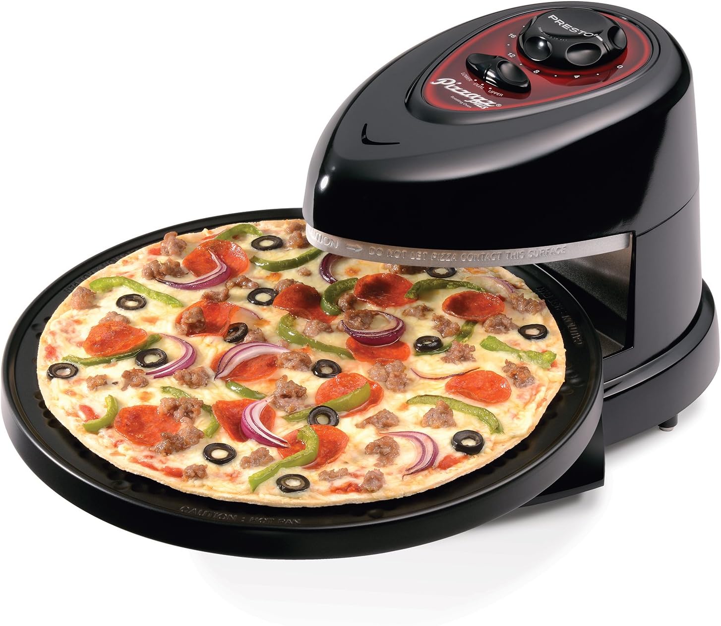 Presto Pizzazz Plus Rotating Pizza Oven. Top and bottom heating elements bake foods from both sides