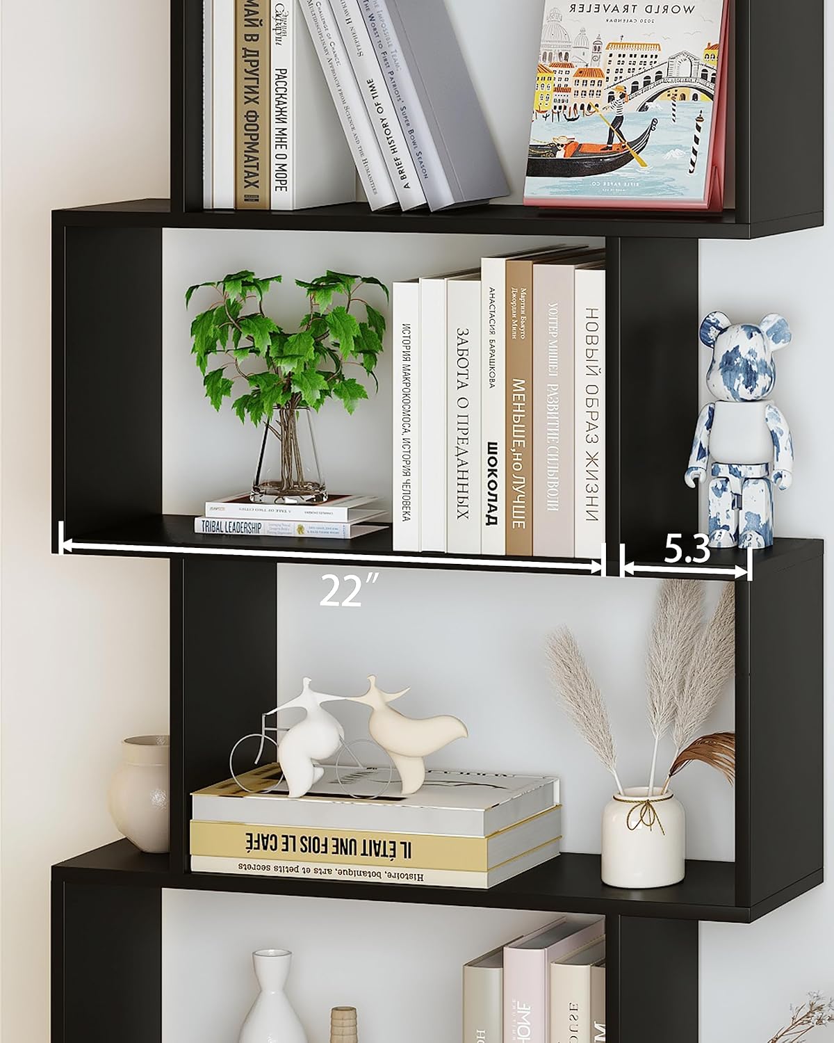Geometric S-Shaped 6-Tier Bookshelf for Living Room, Bedroom, Study E846