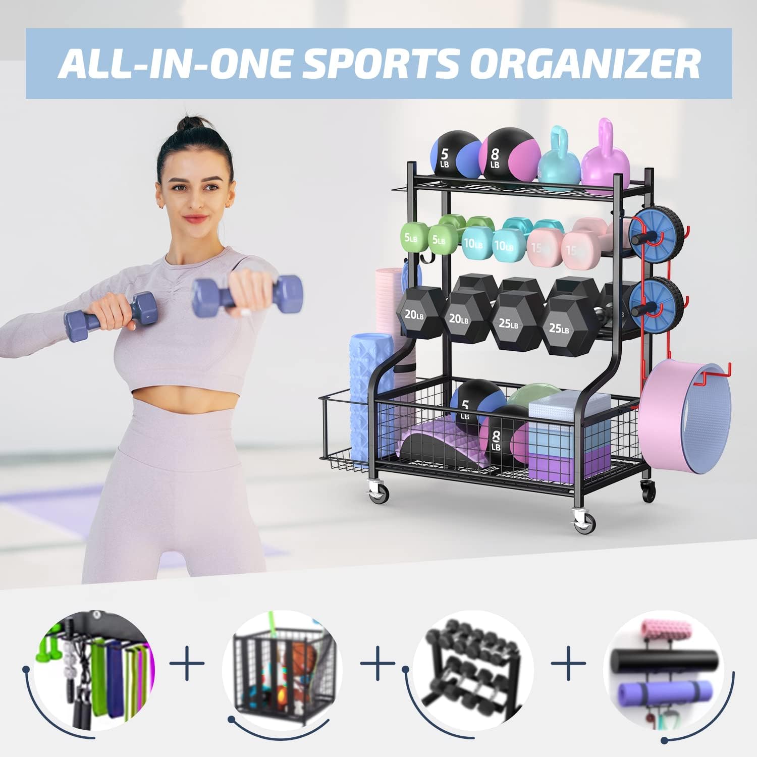 Dumbbell Rack with Wheels and Hooks for Home Gym Storage Y43677