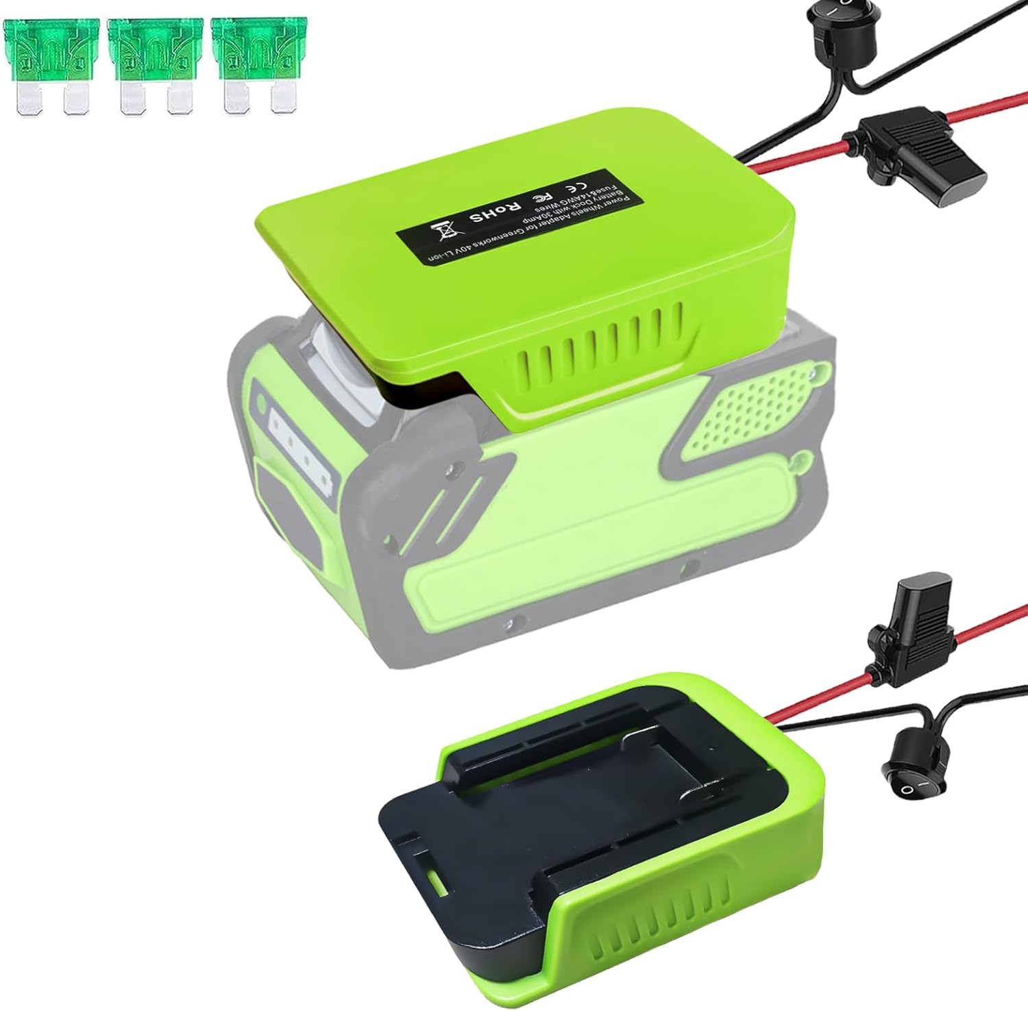 Power Wheel Adapter for Greenworks 40V Lithium-ion Battery with Fuse & Switch, with 14 Gauge Wire, Good Power Convertor for DIY Ride On Truck, Robotics, RC Toys and Work Lights