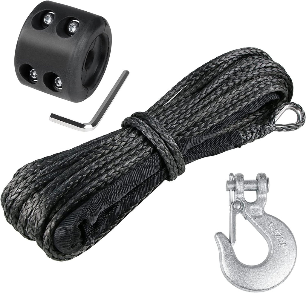 1/4" Synthetic Winch Rope 50 Ft Black Heavy Duty 10000 lb ATV Winch Rope Line with Steel Hook Rubber Stopper Protecting Sleeve/Sheath and Thimble Universal Fit for ATV SUV Vehicle Winch Rope
