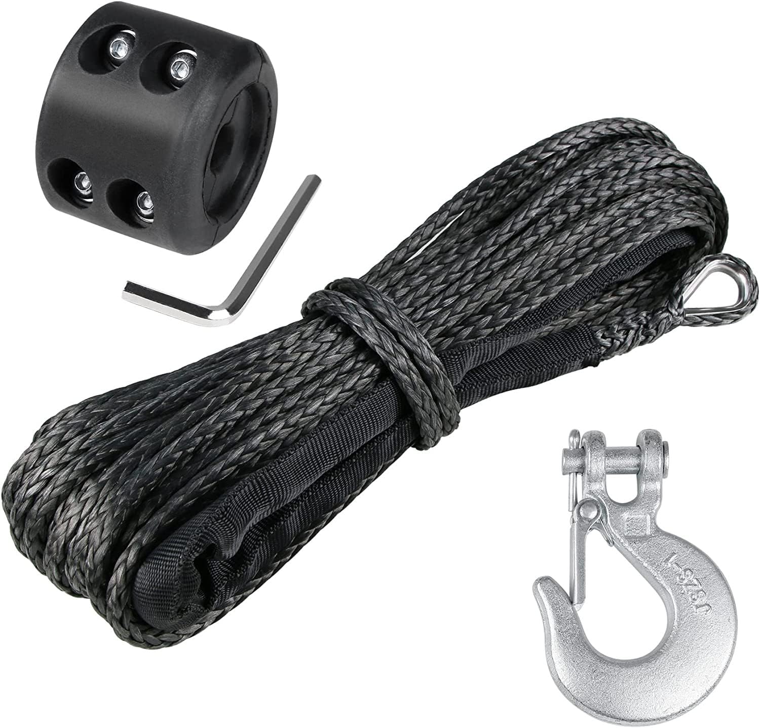 1/4" Synthetic Winch Rope 50 Ft Black Heavy Duty 10000 lb ATV Winch Rope Line with Steel Hook Rubber Stopper Protecting Sleeve/Sheath and Thimble Universal Fit for ATV SUV Vehicle Winch Rope