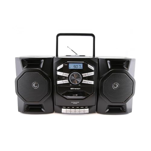 Emerson Portable CD Player Boombox with Cassette, Tape Recorder, AM/FM Radio, MP3, AUX | CD Cassette Player Combo | Stereo System for Home | Powerful Bass Speaker Stereo Sound | Detachable Speakers