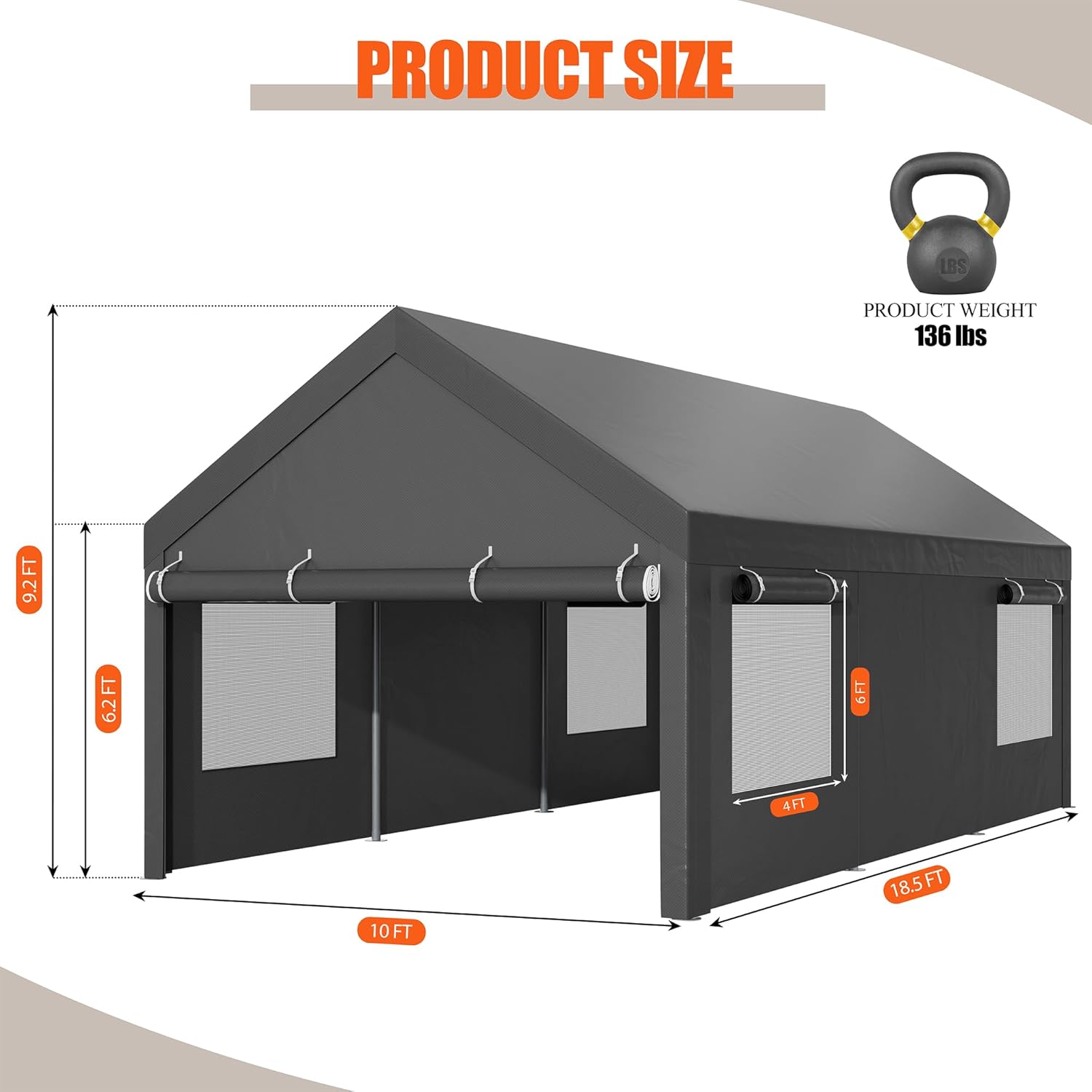 Carport 10x18.5 ft Heavy Duty Canopy with Roll-up Windows, Portable Garage with Removable Sidewalls A5898