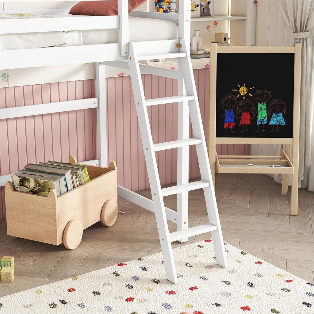 High Loft Bed with Ladder and Safety Guardrail for Kids Teens, White D580