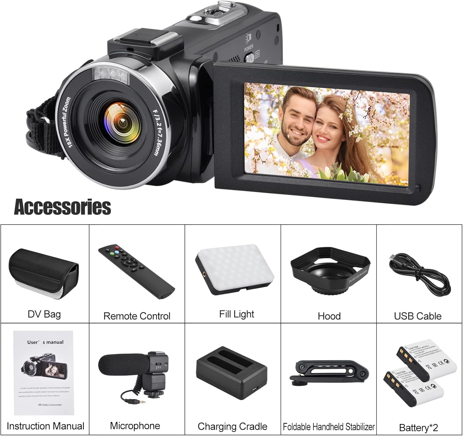 4K 18X Zoom Vlogging Camera with Touch Screen and Night Vision O258
