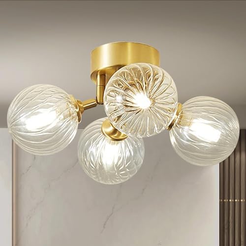 Semi Flush Mount Bubble Ball Chandelier Lighting, Dia 13" 4-Light Gild Brass and Clear Ripple Blown Glass Globe Farmhouse Chandelier Close to Ceiling Light Fixtures for Bedroom Bathroom