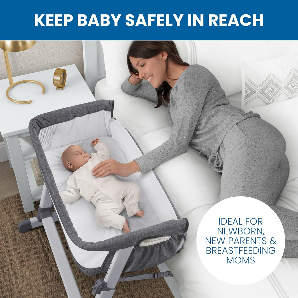 Simmons Kids Dream Bedside Bassinet with Zip-Down Side Wall, Breathable Mesh, Adjustable Heights, Lightweight Portable Crib, Grey C438517