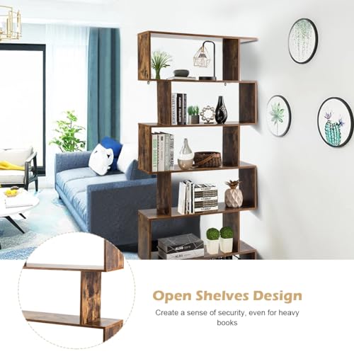 6-Tier Geometric Bookcase, Modern S-Shaped Storage Display Bookshelf, Anti-Toppling Device, Wooden Open Shelf G440024