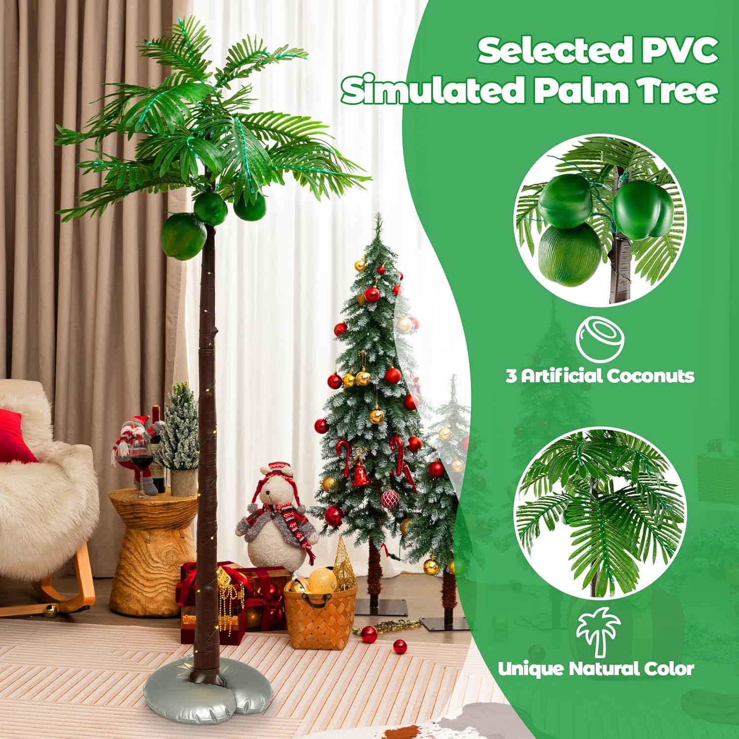 6ft Lighted Palm Tree with 3 Coconuts, 309 LED Lights, Artificial Decor for Patio, Garden, Pool G84325