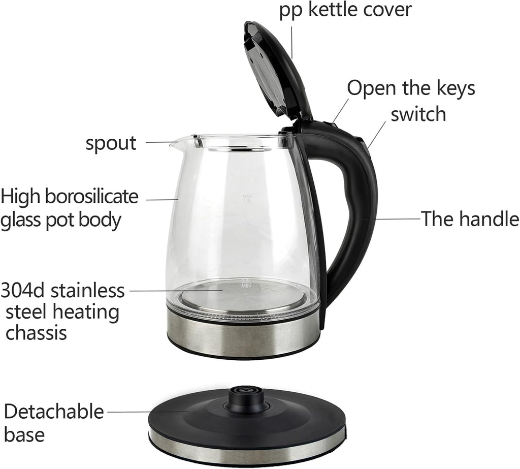 Electric Glass Kettle 1.8L with Mesh Filter, Auto Shut-Off W44127