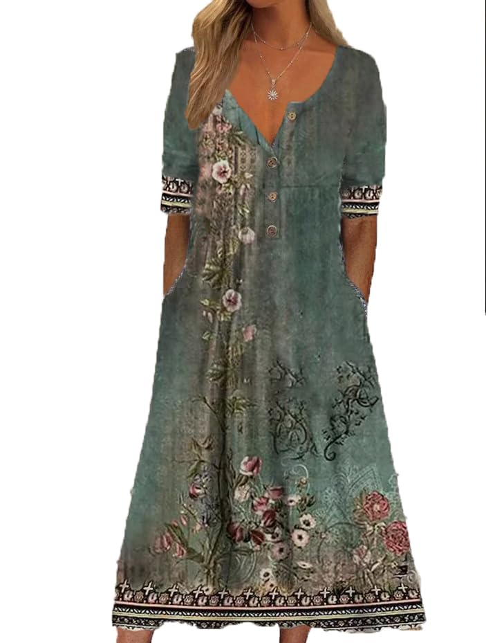 Akivide Women's Summer Boho Floral Print Maxi Dresses Short Sleeve V Neck Casual Loose Dress with Pockets