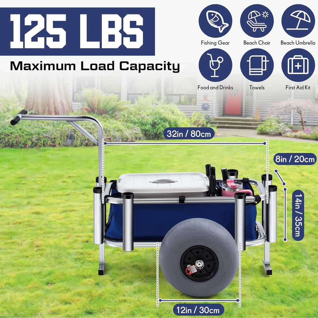 Beach Fishing Cart with Balloon Wheels, Heavy Duty Aluminum, Large Basket S26648