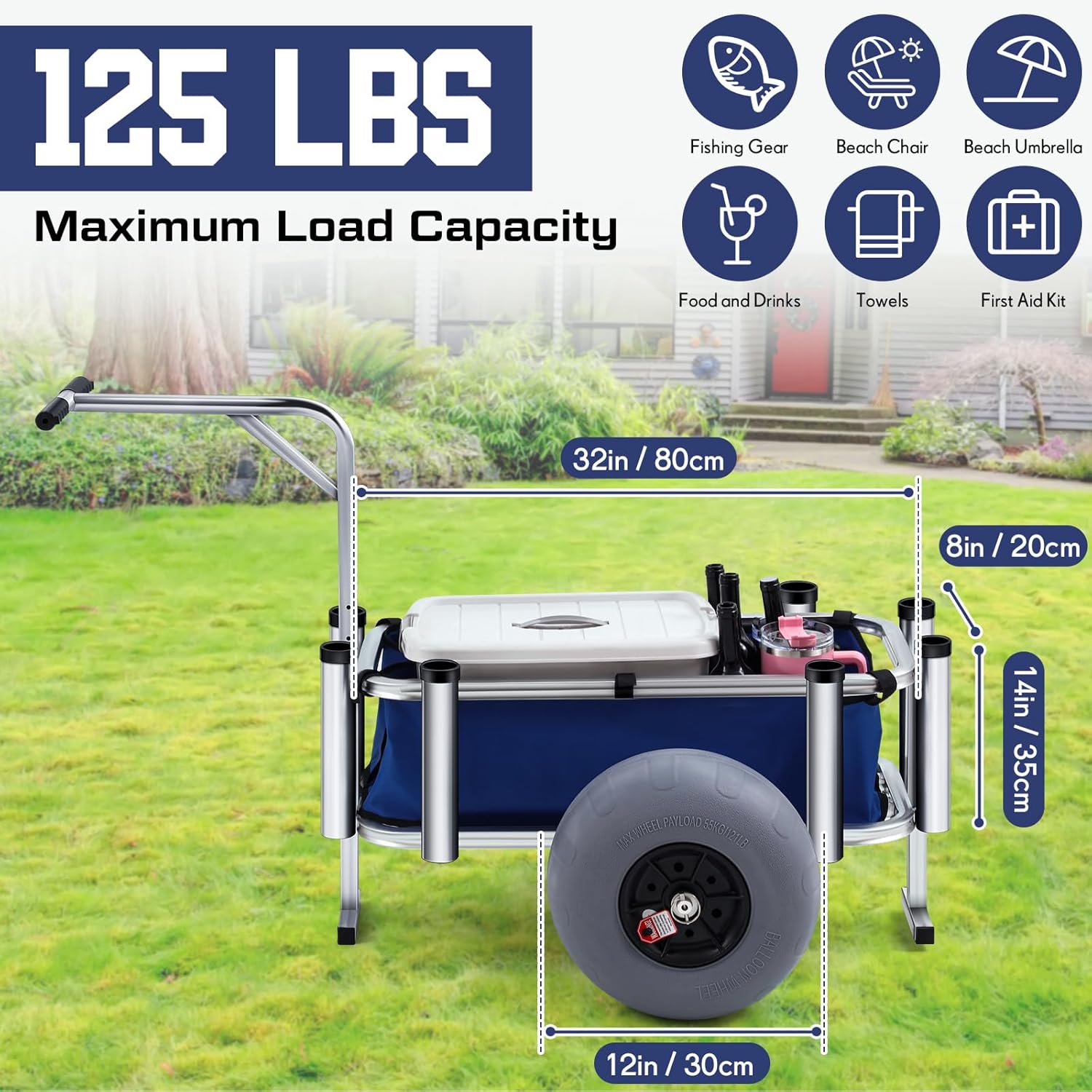 Beach Fishing Cart with Balloon Wheels, Heavy Duty Aluminum, Large Basket S26648